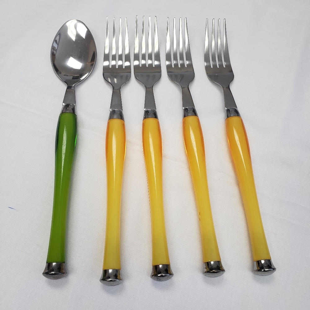 Food Network Plastic Handle Flatware Lot 5 Replacement Yellow Green Spoon Forks